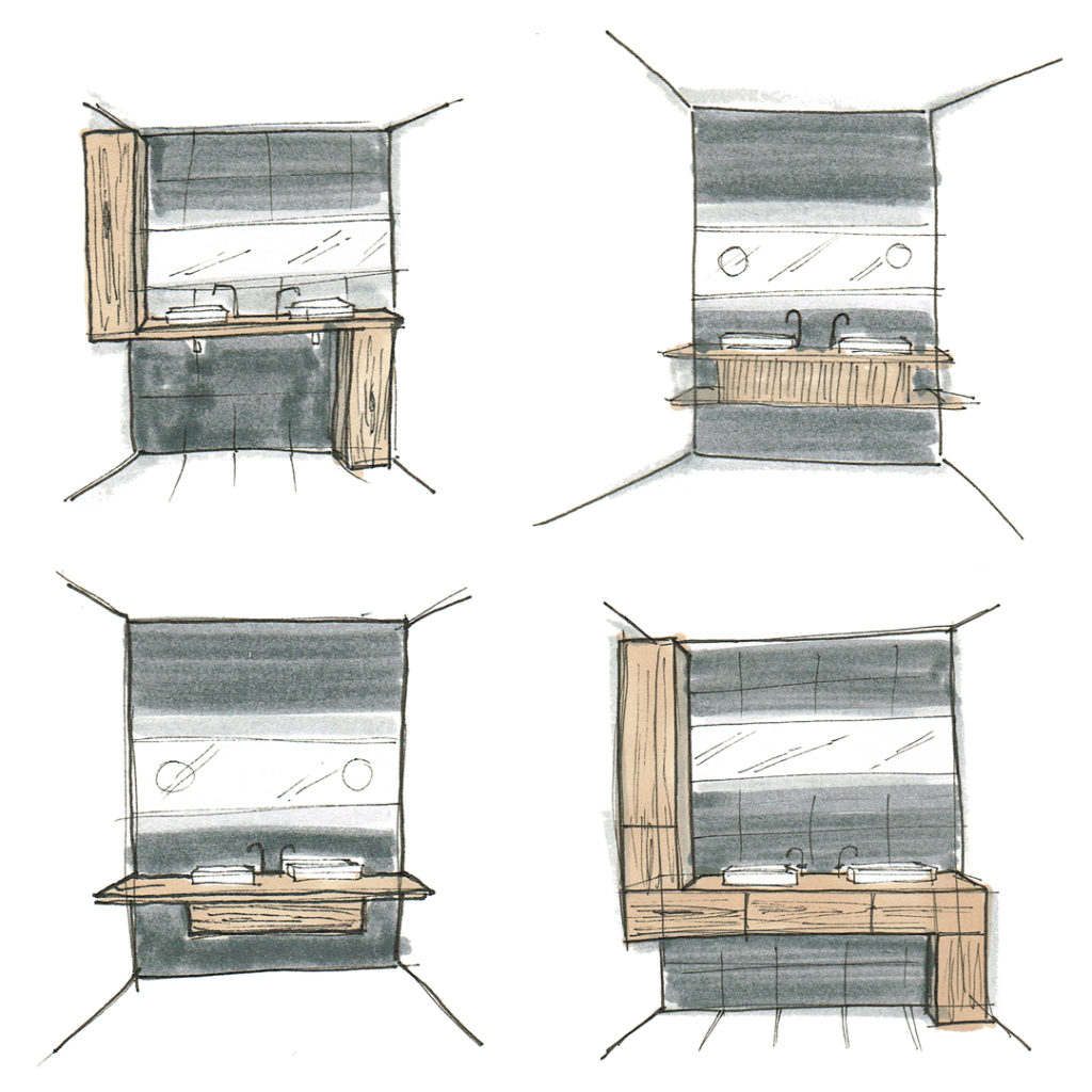 Croquis d'aménagment architecture d'intérieur d'une salle de bain et d'un meuble vasque bois sur mesure