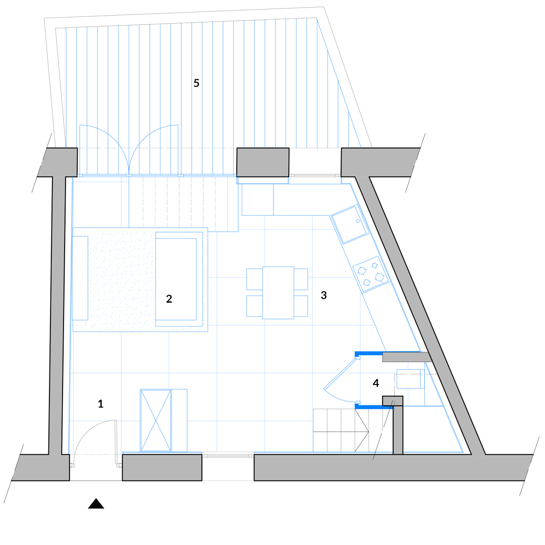 Plan aménagement d'intérieur projeté salon / salle à manger et cuisine