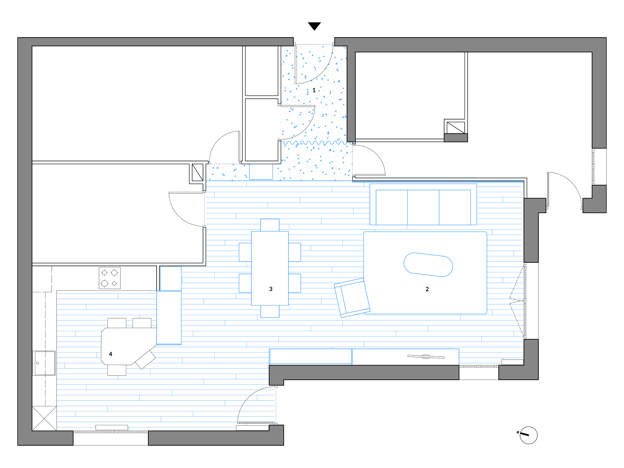 Plan d'aménagement d'architecture d'intérieur d'un projet de rénovation d'appartement situé en rez-de-jardin à Lyon