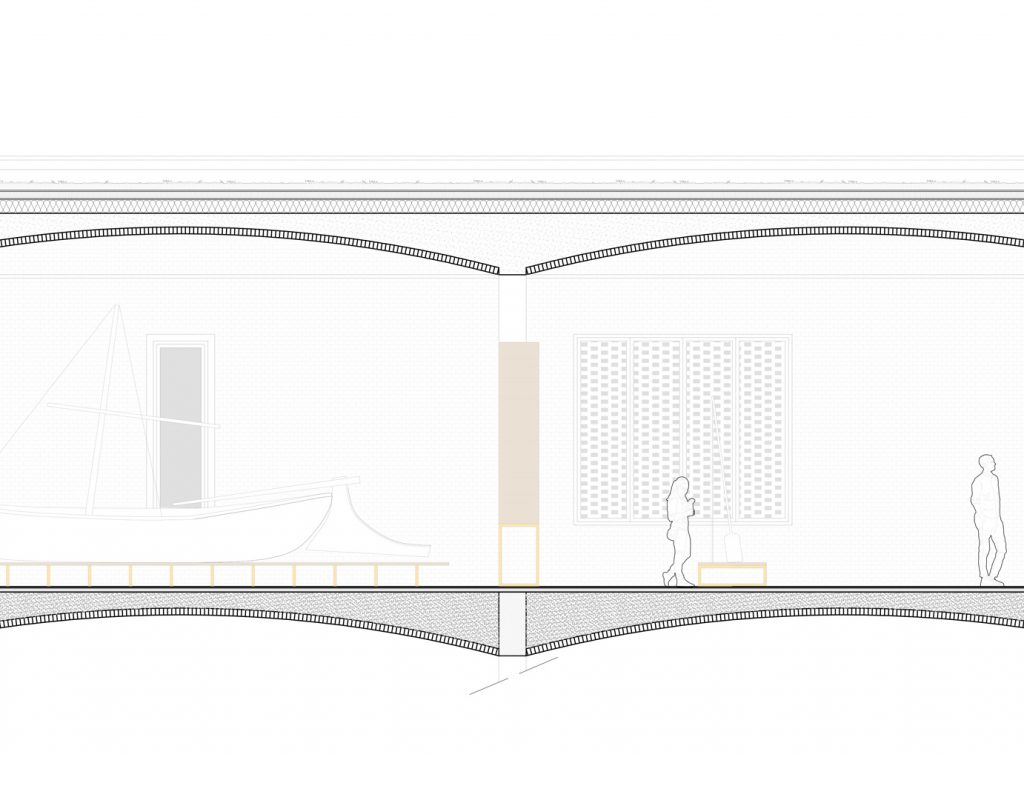 Coupe tehcnique plan architecture d'intérieur voute catalan, mur brique et toiture végétalisé