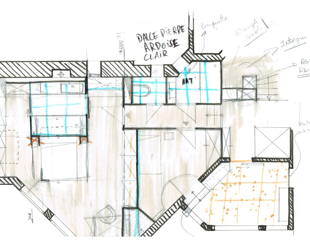 plan croquis architecture d'intérieur aménagement d'un chambre avec dressing et salle de bain