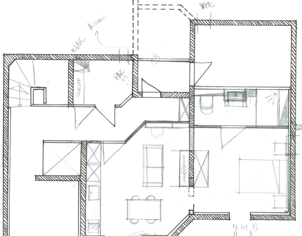 plan croquis architecture d'intérieur aménagement d'un studio