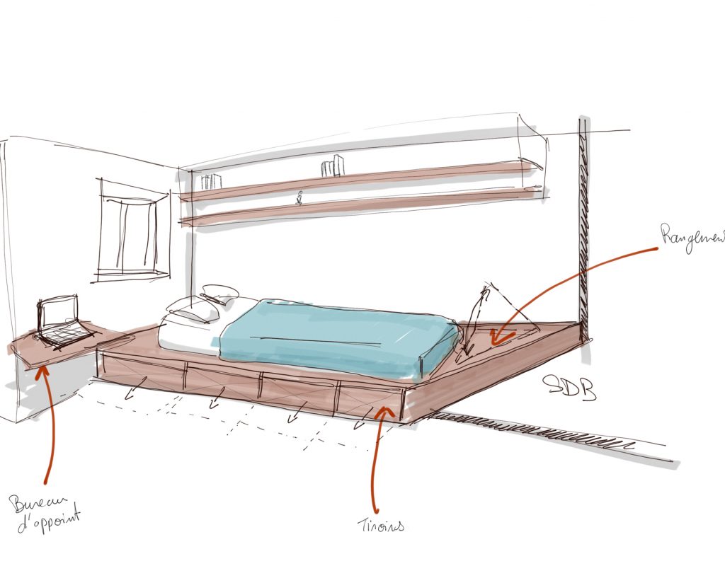 Croquis perspectif d'aménagement d'un espace nuit dans un studio