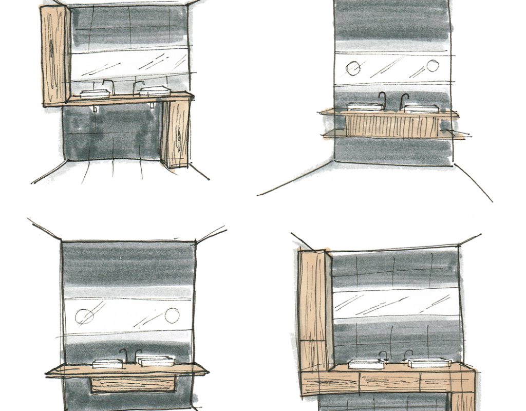 Croquis d'aménagment architecture d'intérieur d'une salle de bain et d'un meuble vasque bois sur mesure