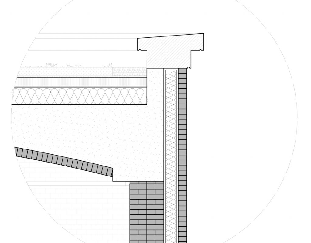 détail technique plan architecte toiture végétalisée d'un musée mur brique