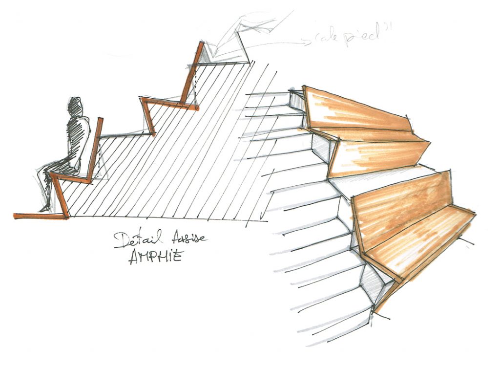 Croquis et détail de banc design et minimaliste pour un amphithéâtre