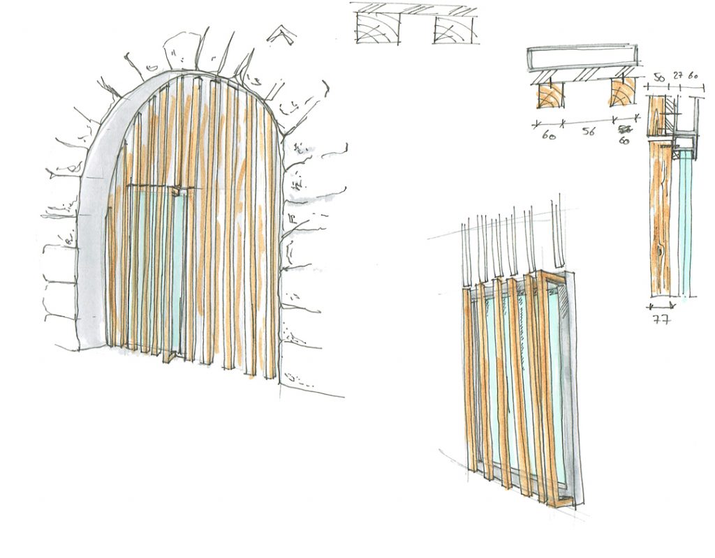 Dessin et croquis architecture d'une porte d'une ancienne ferme restauré en tasseaux de bois