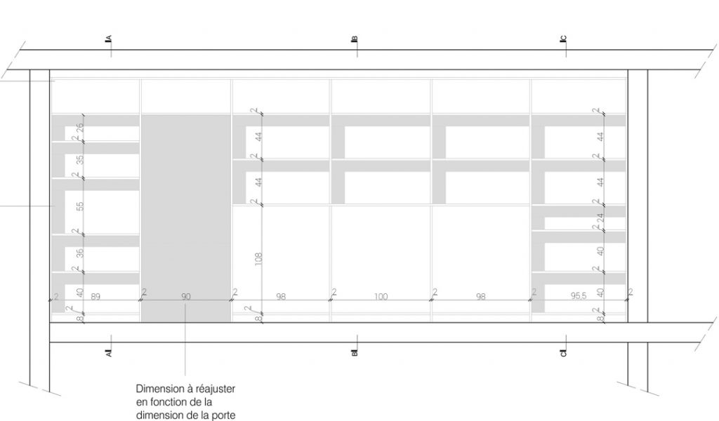 plan technique meuble sur mesure tête de lit et bibliothèque