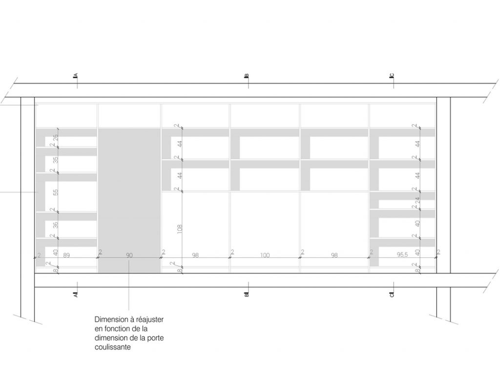 plan technique meuble sur mesure tête de lit et bibliothèque