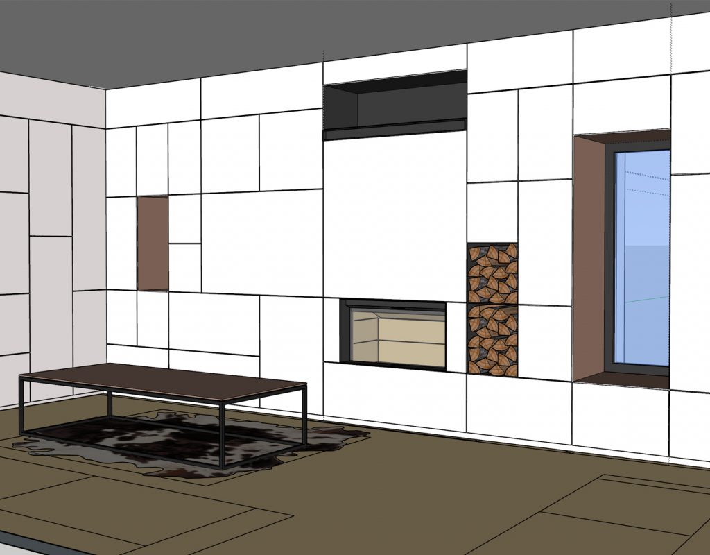3D SketchUp du design d'un meuble de salon minimaliste avec cheminé intégré et niche en noyer