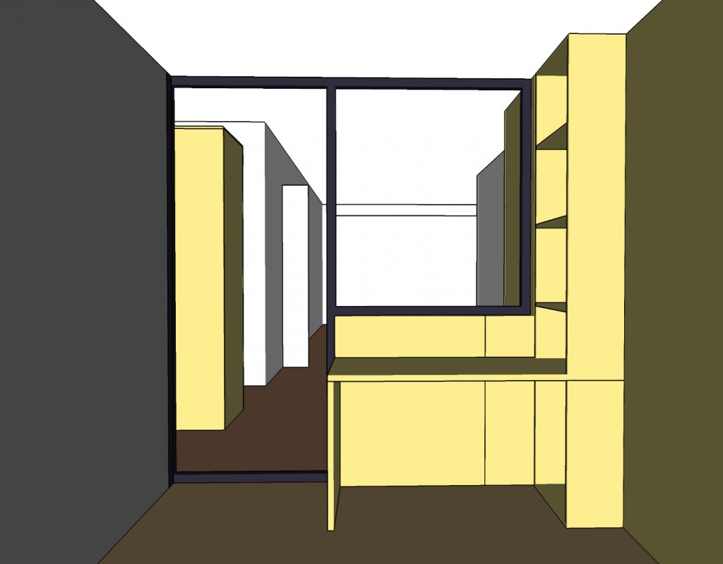 3D SketchUp du mobilier sur mesure du bureau avec vue sur le lac d'Annecy