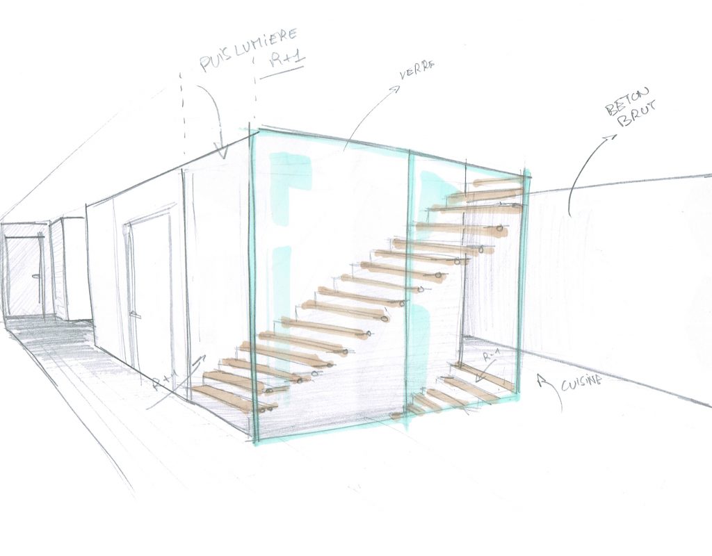 Croquis perspectif d'architecture d'intérieur d'un escalier suspendu en bois avec cloison en verre