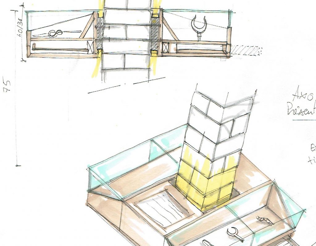 croquis de détails technique de présentoir bois et laiton pour un musée