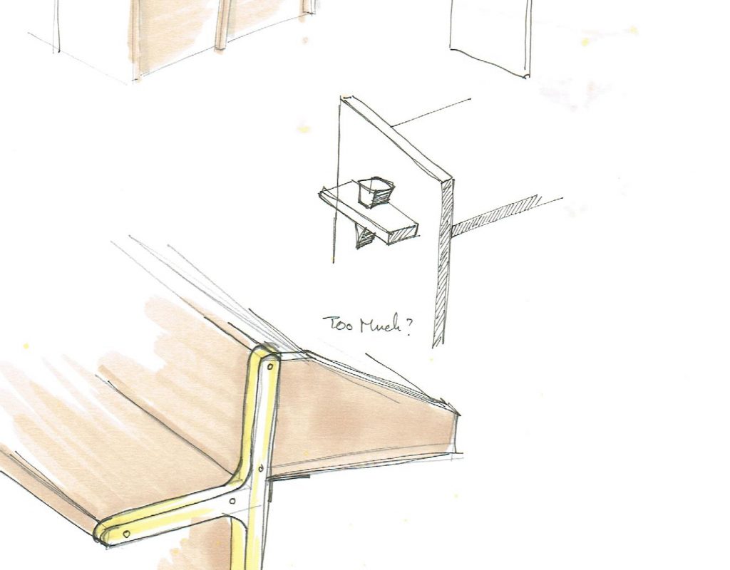croquis de détails technique de mobilier bois et laiton pour un musée