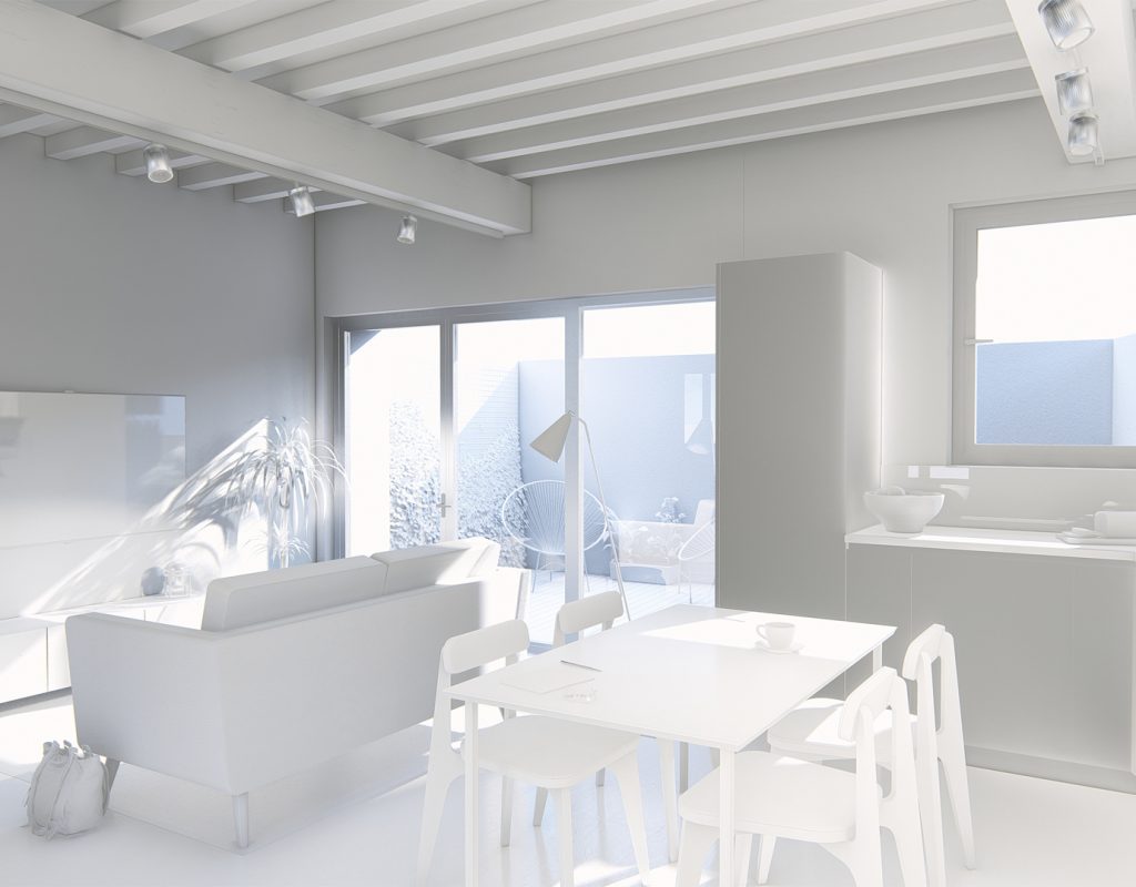 maquette blanche rendu 3d sketchup et lumion salle et cuisine ouverte