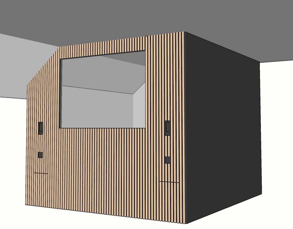 image 3D sketchup du bloc salle de bain noir et tasseaux chêne