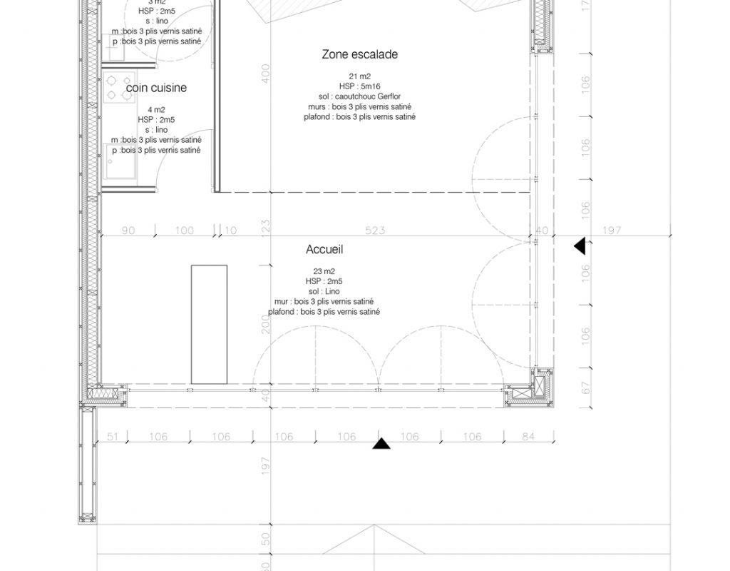 plan technique architecte d'un espace d'accueil escalade bio sourcé et ossature bois