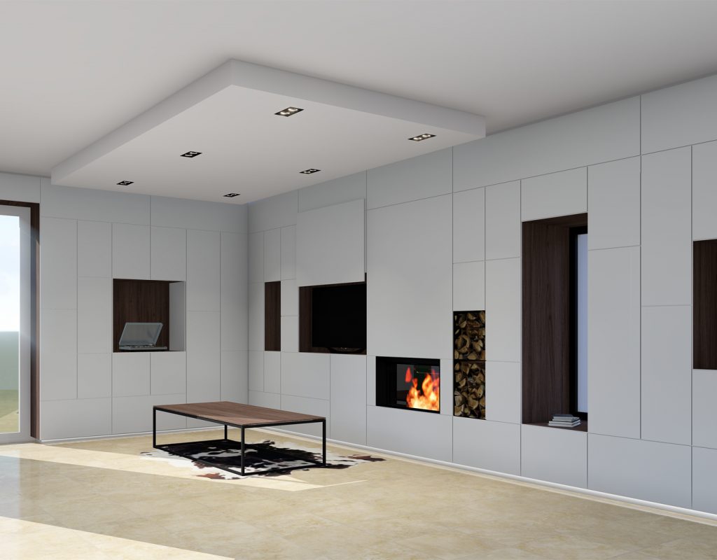 conception meuble de salon minimaliste et design sur mesure avec niche en noyer et cheminée intégrée