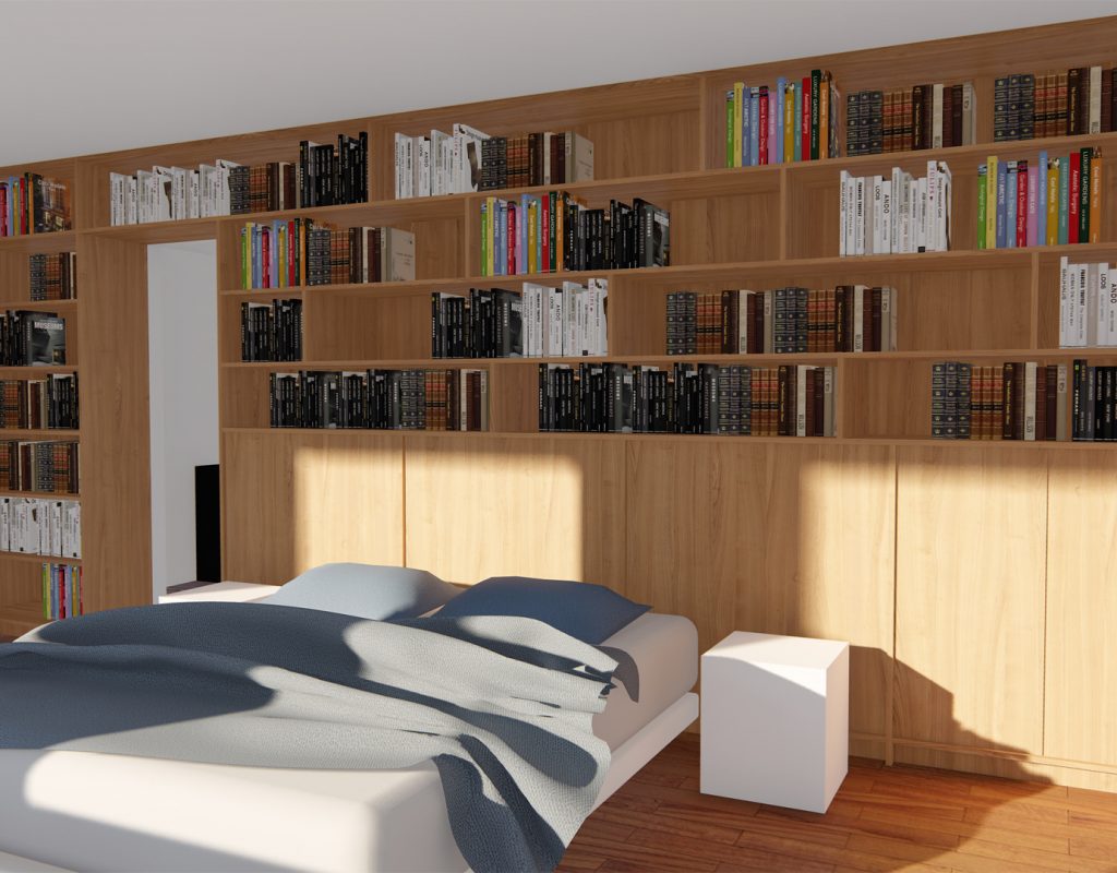 Projet d'un mur tête de lit bibliothèque design sur mesure en bois aménagemnt intérieur d'une chambre