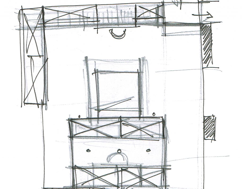 Plan croquis d'aménagement architecture d'intérieur d'une chambre avec bibliothèque et dressing