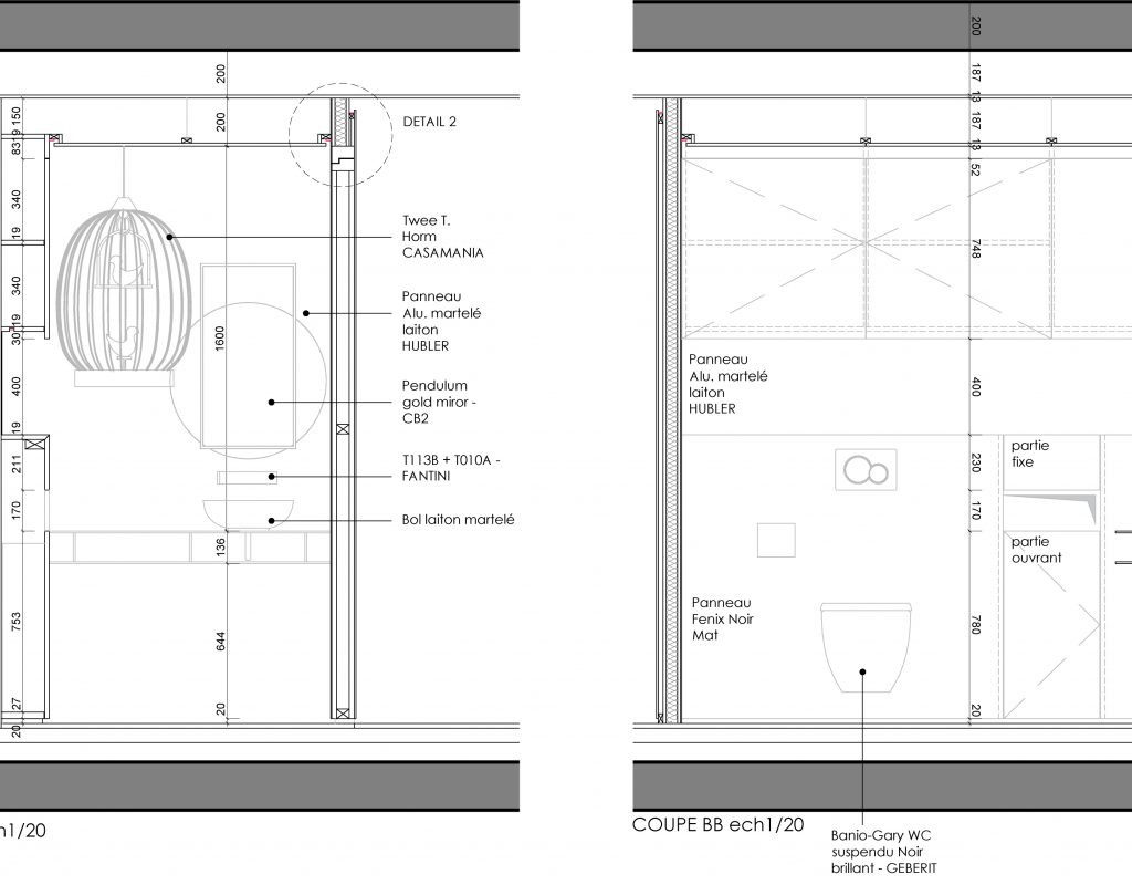 Coupe et détails technique architecture d'intérieur d'un blaoc sanitaire haut de gamme