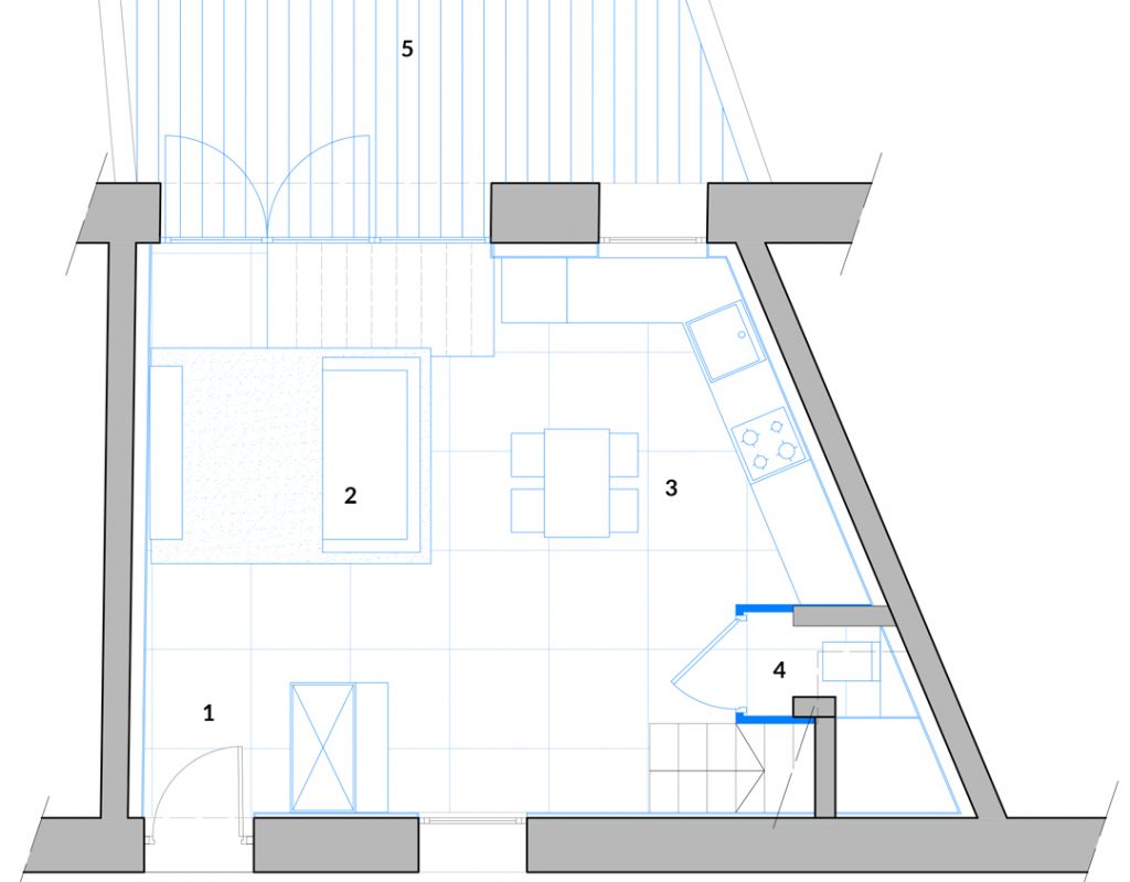 Plan aménagement d'intérieur projeté salon / salle à manger et cuisine